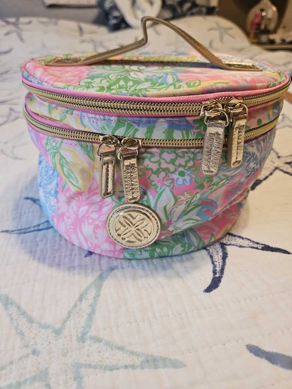 Lilly Pulitzer Pastel Pink & Green Floral Cosmetic Case with Gold Accents